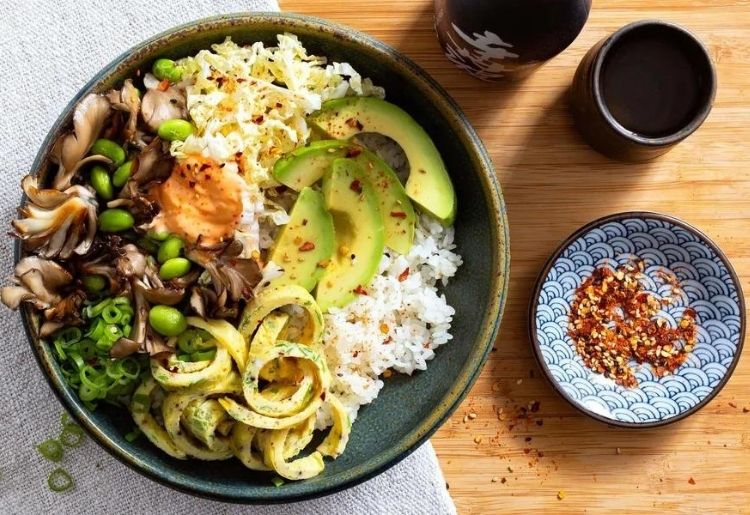 Japanese omelet rice bowls with maitake mushrooms and sambal mayo
